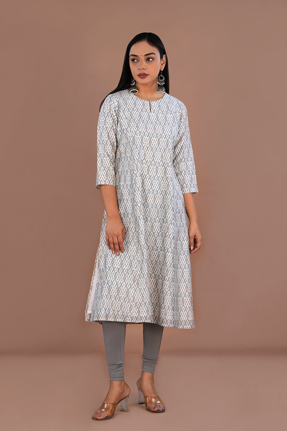 Image of White & Grey Pochampally Silk Ikat Kurti